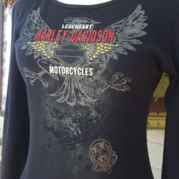 HARLEY-DAVIDSON ♡ Black Long Sleeve Red 'n Gold Embellished Legendary H-D Top S - Picture 5 of 17